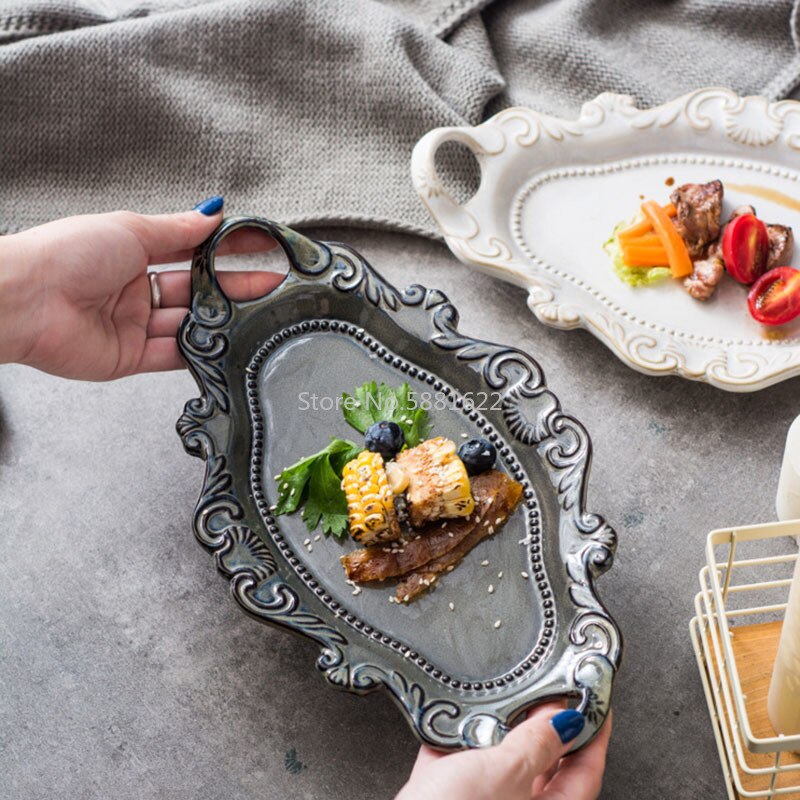 Placa cerámica de Navidad occidental, vajilla blanca con relieve, bandeja de doble oreja con esmalte de horno, bandeja marrón, plato de pescado