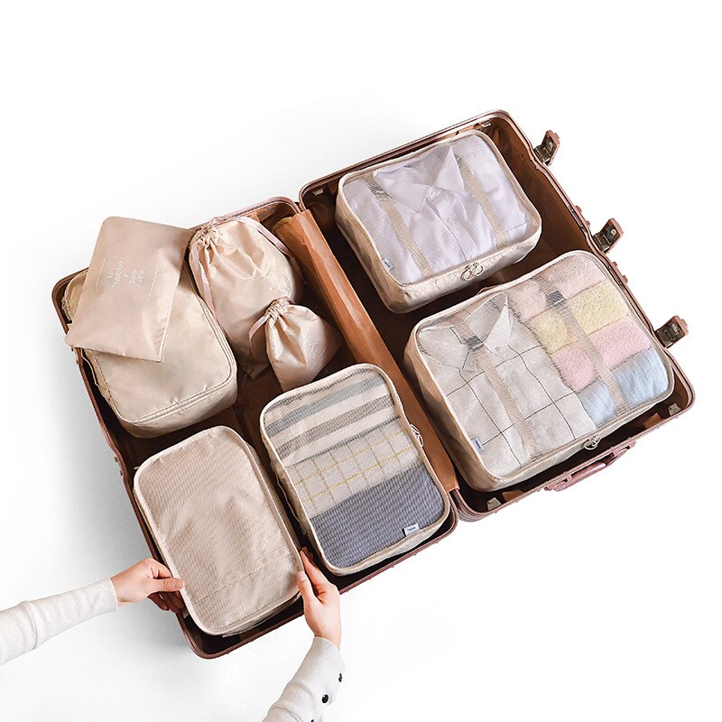 Conjunto de bolsas de almacenamiento para ropa de viaje, organizador ordenado, bolsa para maleta, embalaje de bolsas de cubos de hielo, 8 Uds.: beige