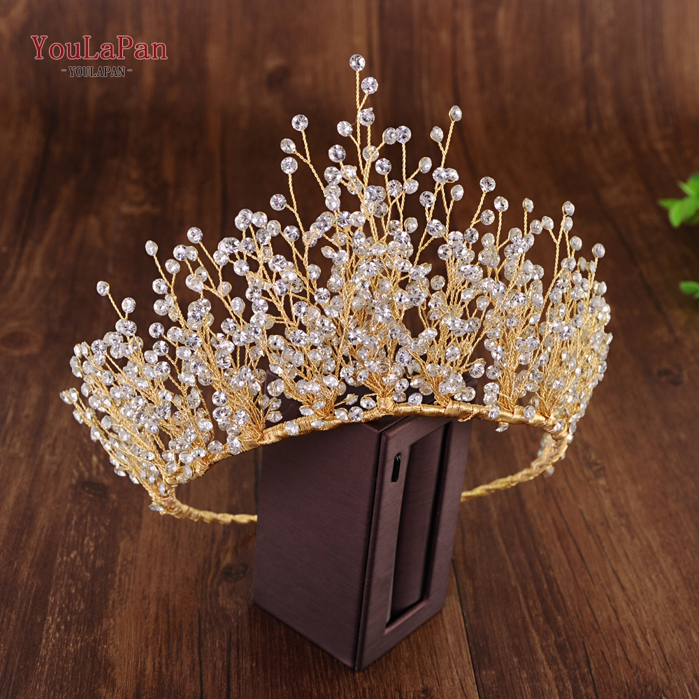 Topqueen HP193 Zilveren Gouden Bruiloft Tiara &#39;S En Kronen Strass Bruiloft Hoofdband Luxe Bruiloft Hoofddeksels Briadl Haar Sieraden