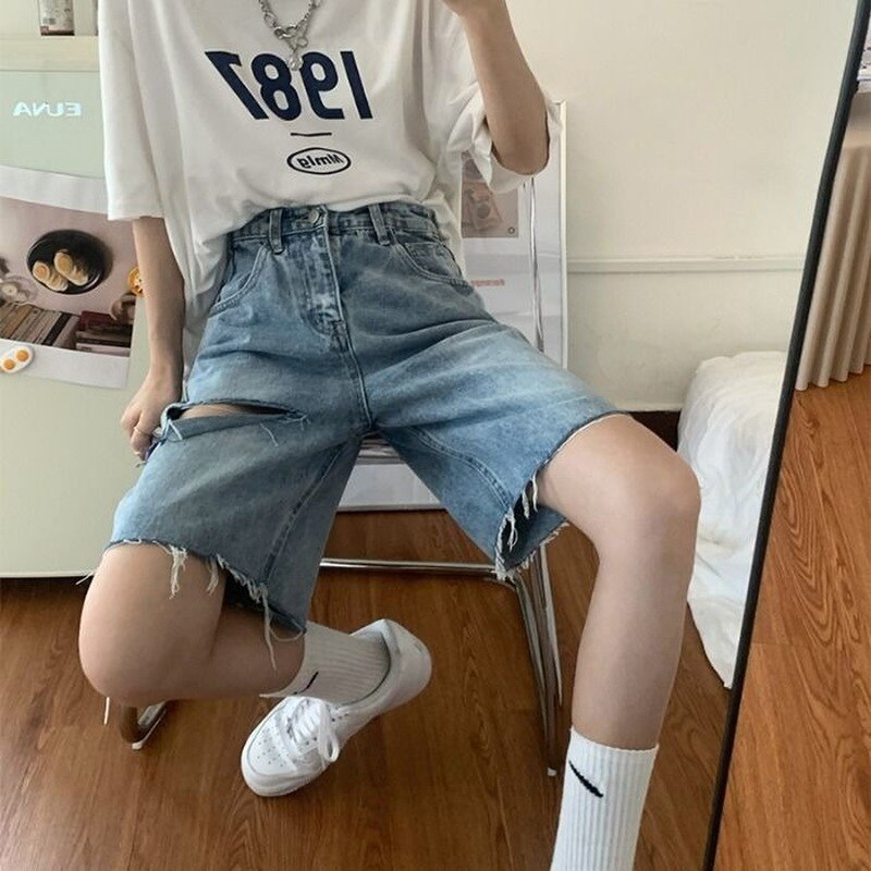 Shorts kvinder retro denim huller chic harajuku par kort bukser afslappet populær high street koreansk dametøj unisex