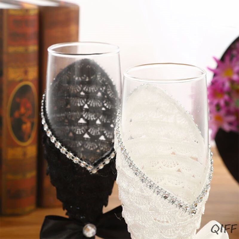 2 st set bröllopsglas svart vit klänning kristall bröllop champagneglas