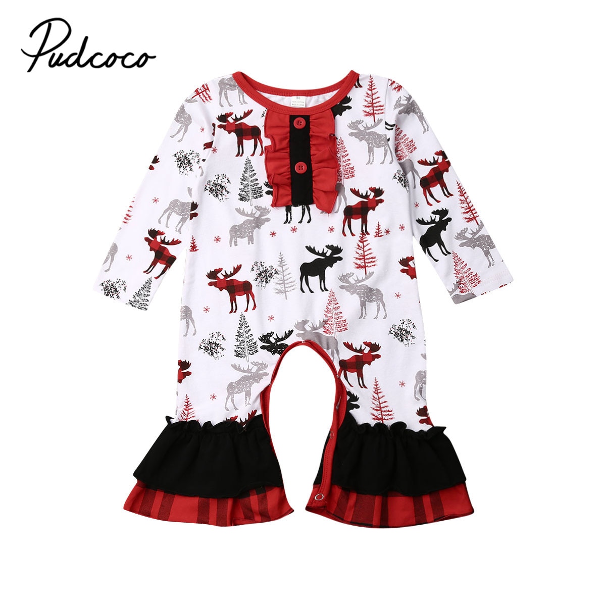 Baby forår efterår tøj jul nyfødt spædbarn baby pige rensdyr print tøj romper jumpsuit flæsede outfits 0-24m