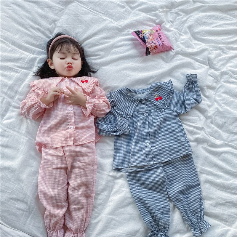 Herfst Vallen Kleding Voor Kids Baby Meisje Pyjama Set Geborduurd Cherry Katoen Thuis Peuter Nachtkleding Nachtkleding 1 Tot 8 jr
