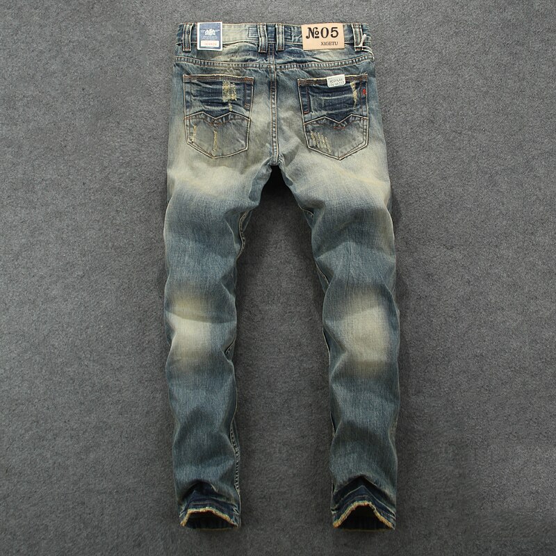 De estilo italiano, de los hombres de la Jeans amarillo Retro azul Slim vaqueros rasgados para hombres cuero Vintage Denim de algodón Pantalones