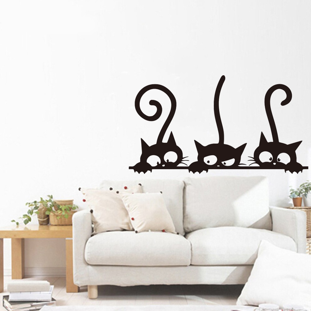 Muurstickers Leuke Drie Zwarte Katten Muurtattoo Verwijderbare Diy Dieren Funny Sofa Achtergrond Kinderkamer Woonkamer Home Decoratie