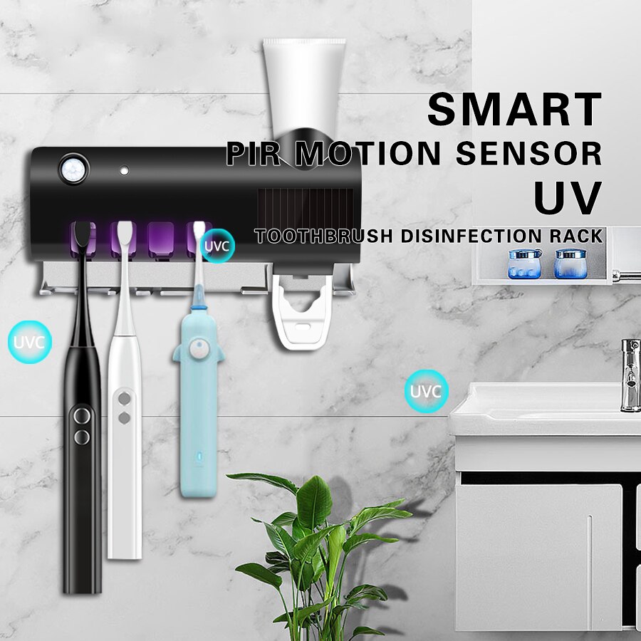 Smart PIR Motion Sensor Toothbrush Holder With UV light Ultraviolet Disfinfection Cleaning Drying Sterilizer Toothpaste Squeezer