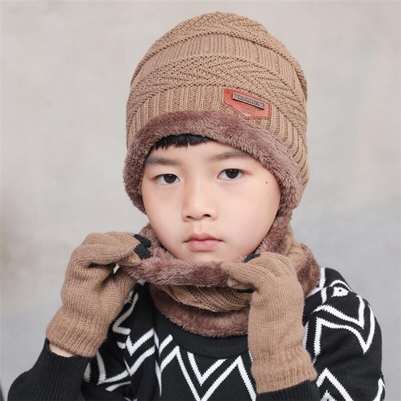 Kinderen winter gebreide muts en sjaal handschoenen set jongen meisjes warme pluche muts 3- delige sets kind outdoor skimuts sjaals effen
