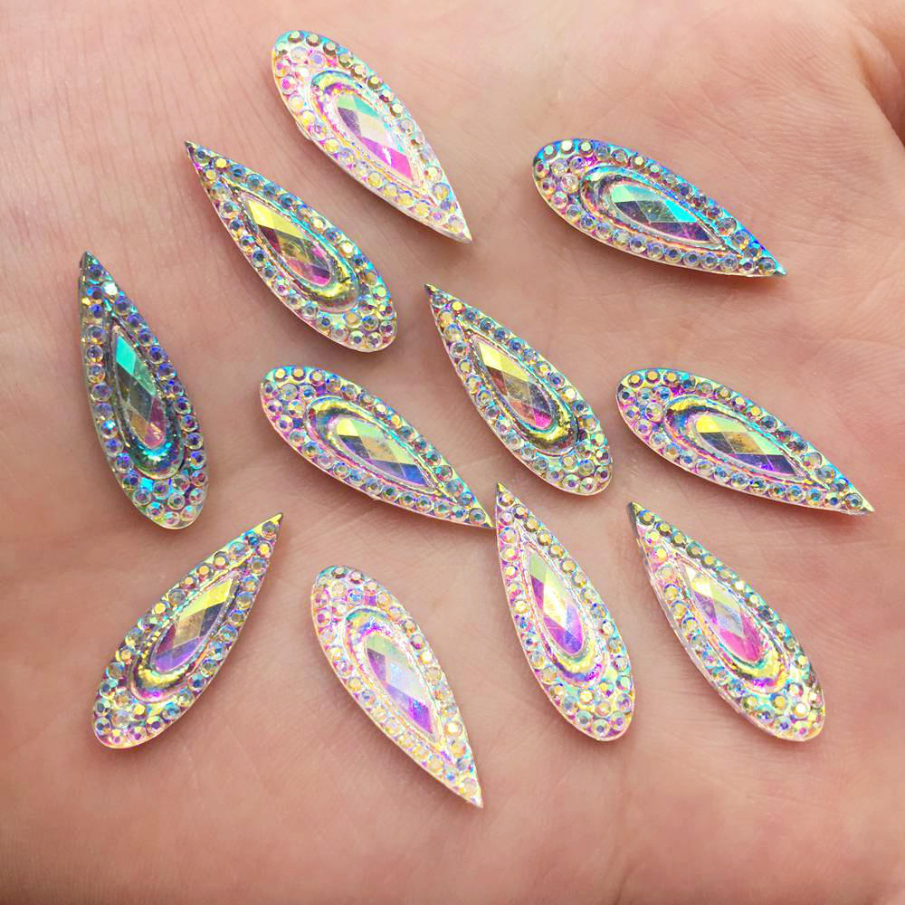 60 PCS shiny AB Hars 6*20mm Pauw eye Flat back rhinestone half Kraal bruiloft ornament DIY sieraden maken PF601