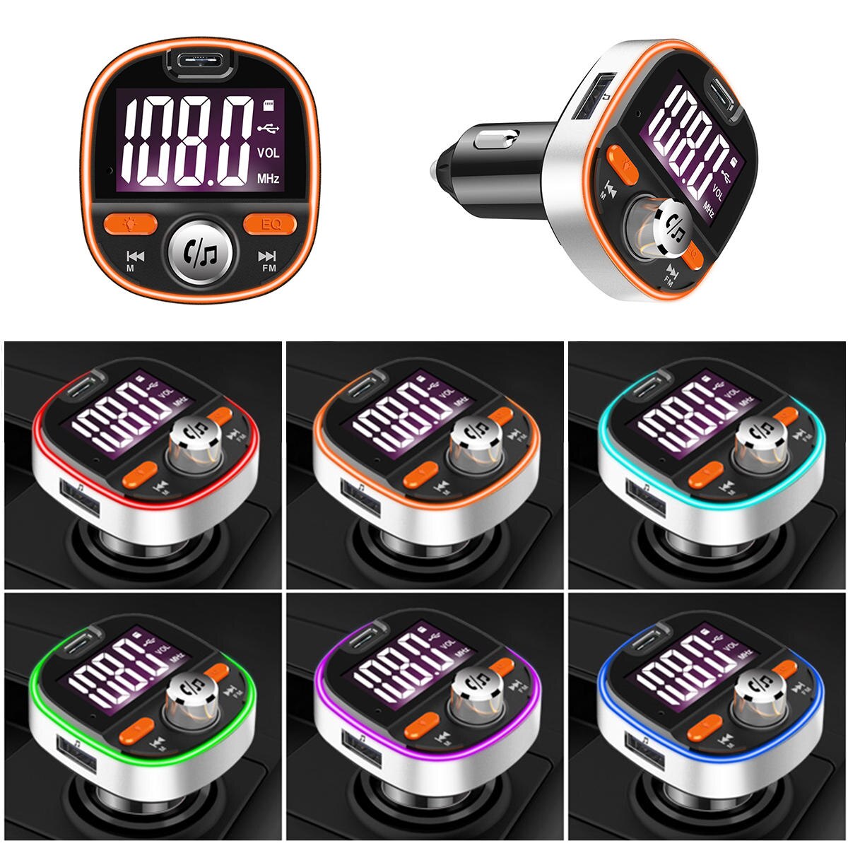 Car Bluetooth MP3 Player FM Transmitter with Colorful Atmosphere Light Support QC 3.0 Fast Charging Subwoofer DSP TF Card USB