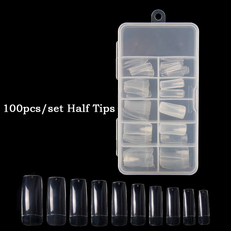 100 stks/set Transparante Full Valse Nagels Acryl UV Gel Franse False Nail Art Tips Manicure DIY Salon Kunstmatige Half Cover nagels: 100pcs Half Tips