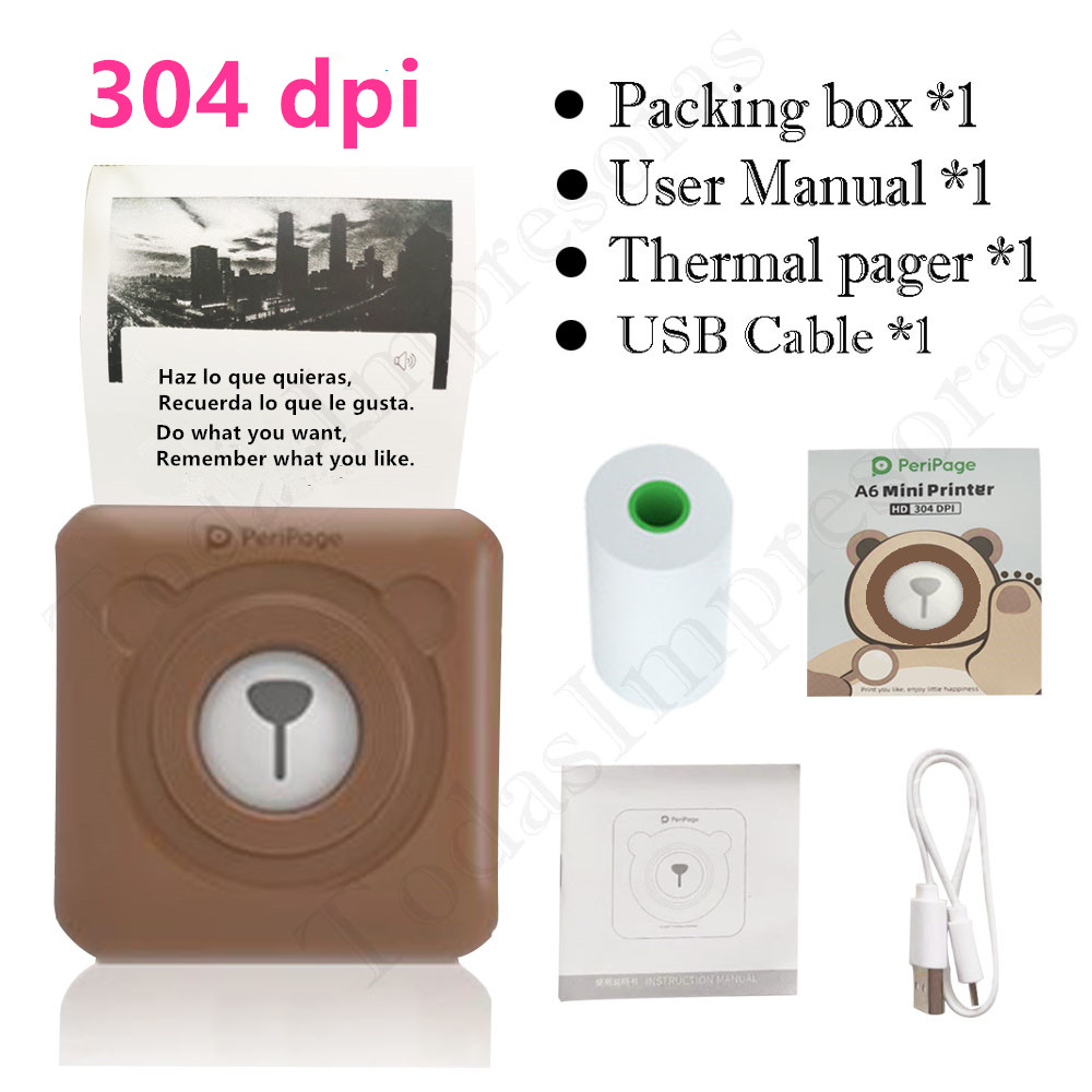 Peripage – Mini-imprimante thermique A6, 304dpi, Bluetooth, couleur marron jaune, téléphone portable, Android IOS,: A6 304 Brown