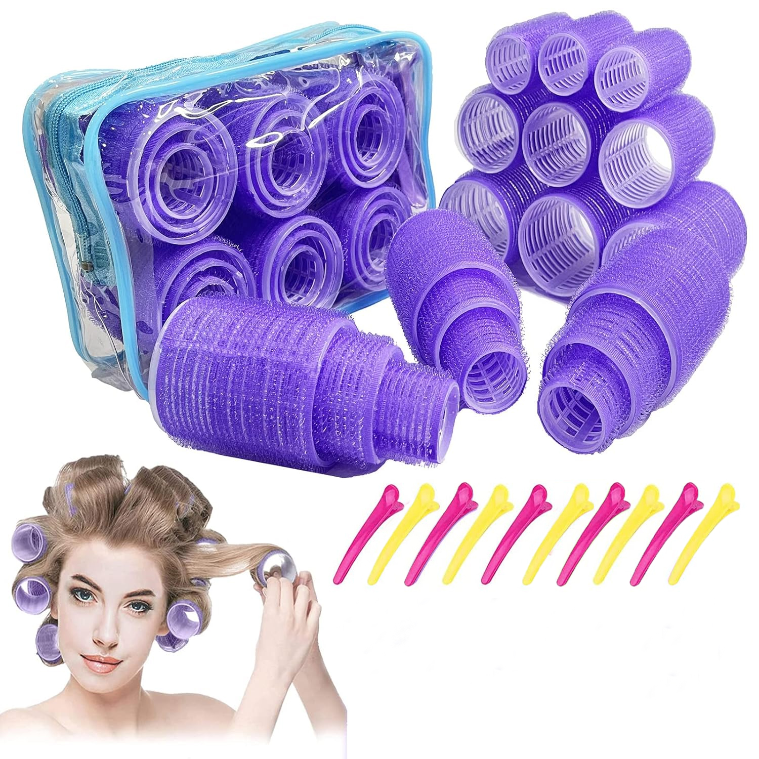 Rulos de velcro autosujeción para juego de cabello, 37 Uds., 3 tamaños (2,5/3,6/5,0 cm), rizadores de pelo sin calor con Clips, embalaje de viaje: Morado