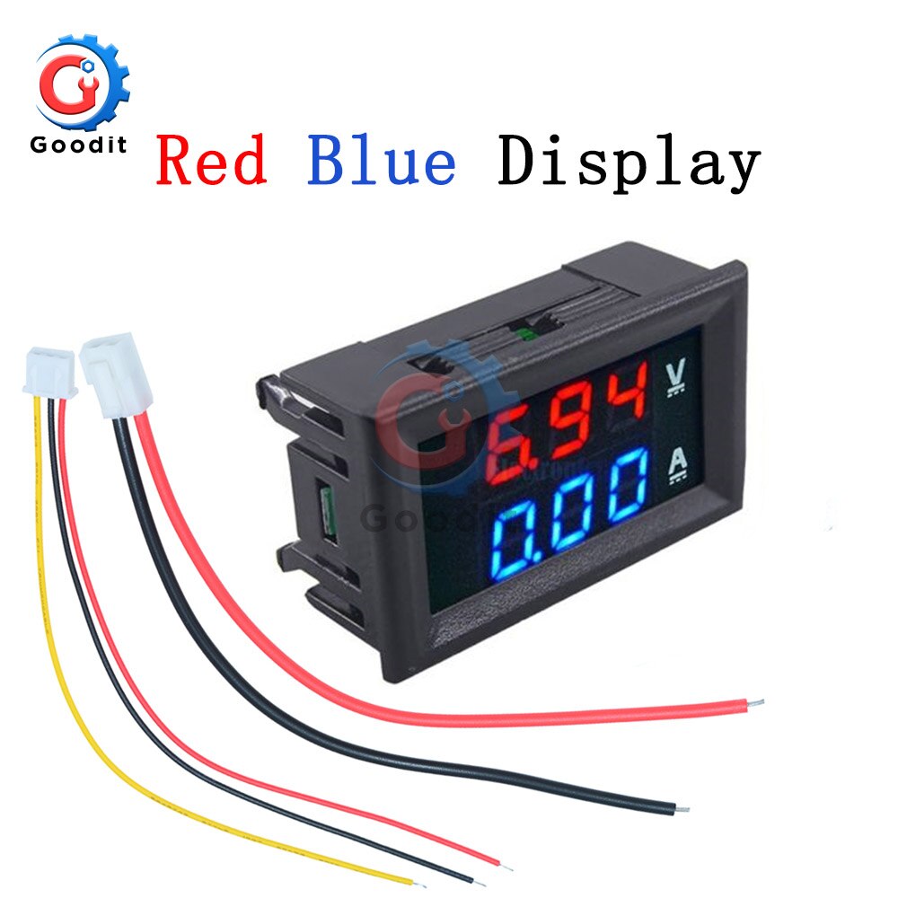 Mini digital voltmeter amperemeter  dc 100v 10a panel forstærker volt spænding strømmåler tester 0.56 "blå rød dobbelt led display: Rødblåt display