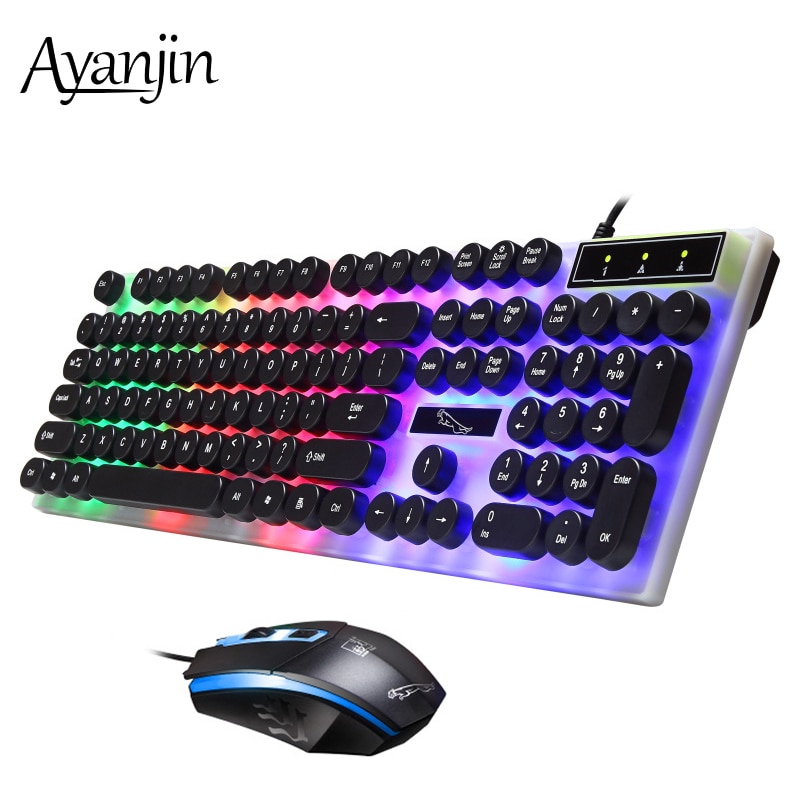 Wired Keyboard and Mouse Set Backlit Gaming Keyboard Rainbow Colorful LED Suspension Round Key Cap Gamer Keyboard For PC Laptop
