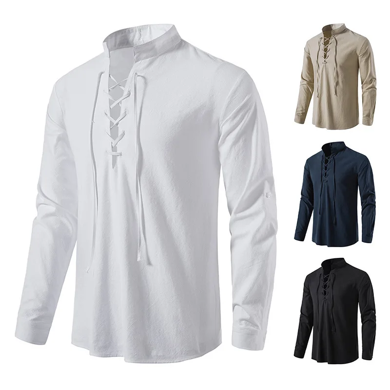Novos Homens Decote Em V Camisa T-Shirt Moda Vintage Fino Top Manga Longa Homens Casual Respirável Viking Frente Lace Up Ho