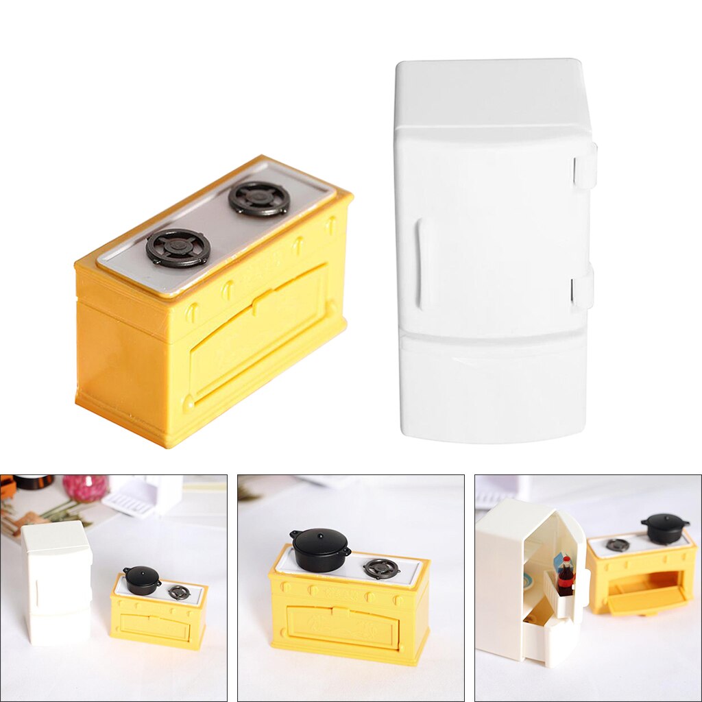 1:12 Scale Doll House Modern Miniature Plastic Kitchen Fridge Refrigerator Stove Burners Furniture Set for OB11 Dolls Decorative