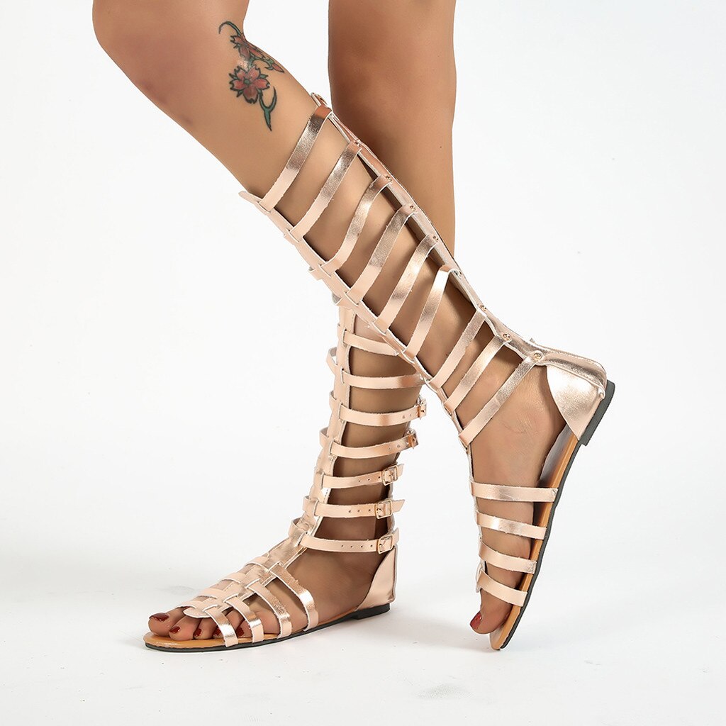 Sandales à bout ouvert pour femmes, chaussures d'extérieur, plates et décontractées, bottes hautes rétro, été