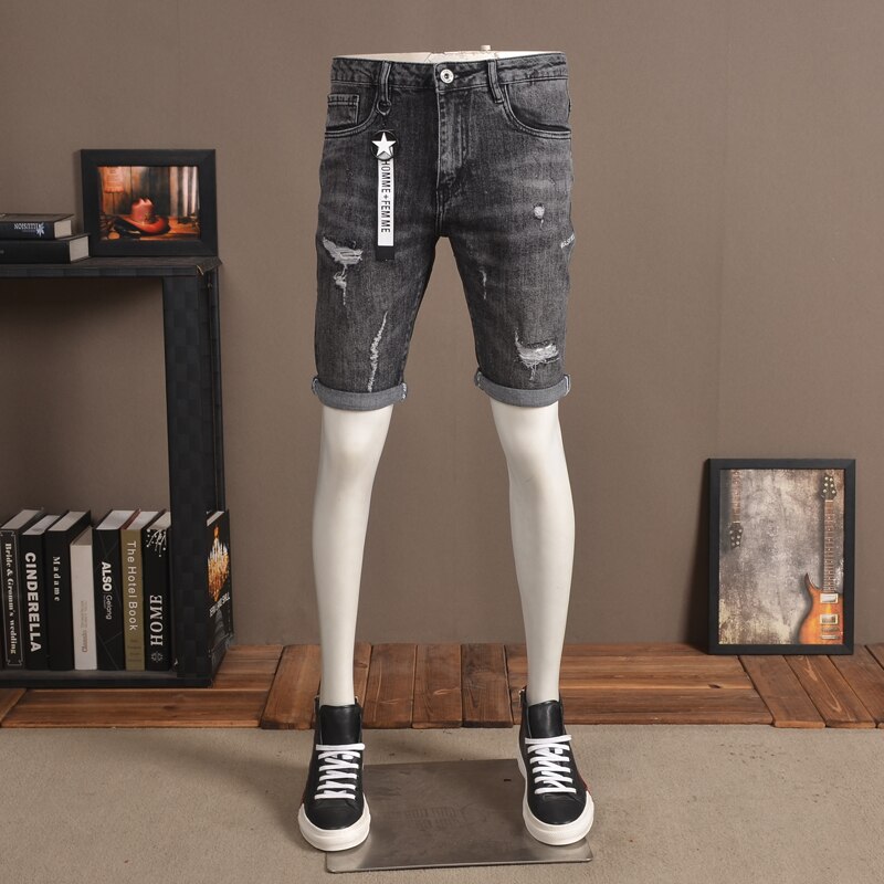 Gescheurde denim shorts casual zomerjeans donkergrijze rechte normale knielengte jeans