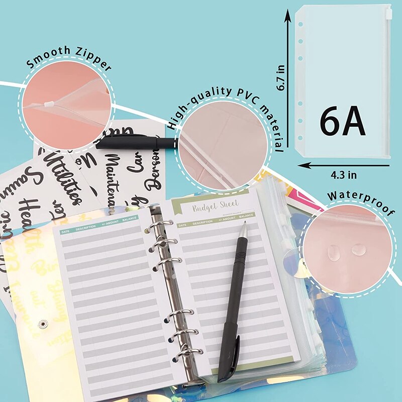 A6 Budget Binder Soft PVC Notebook 6-Ring Cover Planner Organizer with Budget Envelopes Sheets Pockets and Letters Label
