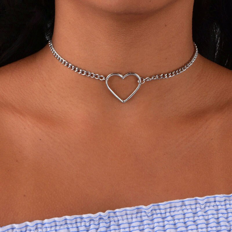 Hueco corazón gargantillas Collar para las mujeres declaración collar de cadena de corazón colgante collar de de la joyería: Silver