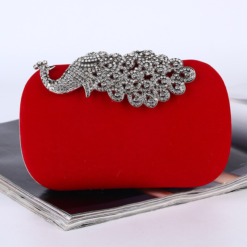Bryllupsaften taske påfugl tegnebog tasker kvinders krystal rhinestone aften taske håndtaske zb -3: Rød