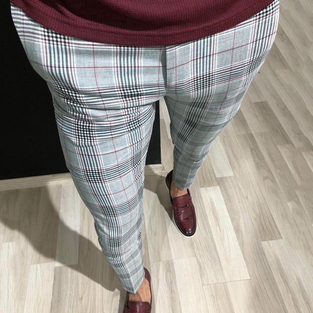 Moda jesień męskie spodnie spodnie Hip Hop Casual nadruk w szkocką kratę sznurkiem w pasie długa, cienka Cargo spodnie dresowe #40: M / Red
