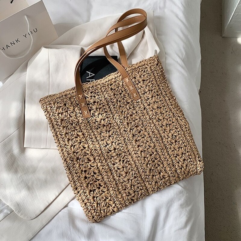 Square Hollow Straw Beach Bag Handmade Woven Shoulder Bag Raffia Rattan Shopping Travel Bag Bohemian Summer Vacation Casual Tote