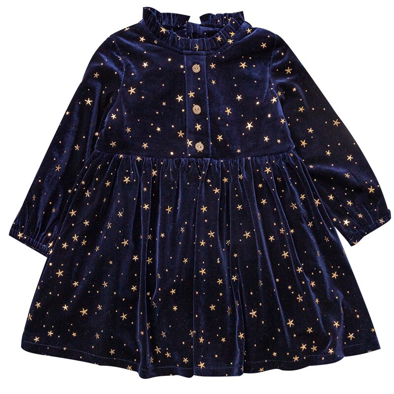 2-8 Years Fancy gold stars blue velvet Dress for Girls Princess bling bling Birthday Party Dresses Kids Dresses for Baby: 2T
