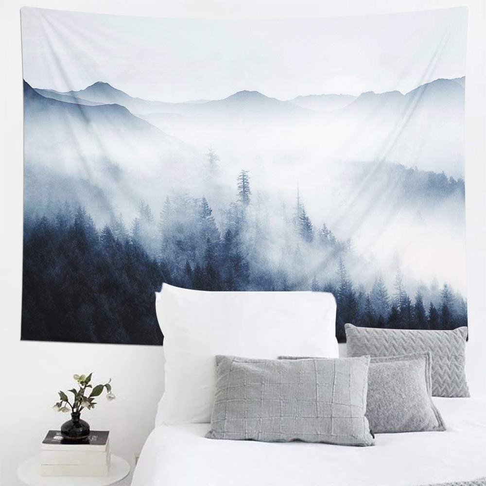 Misty Forest Tapestry Forest Trees with Mountain Tapestry Fantastic Fog Magical 3D Nature Landscape Tapestry for Bedroom