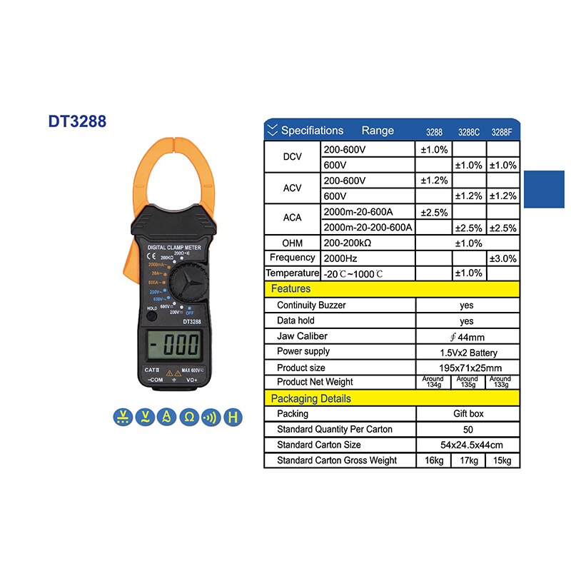 Handhållen digital ampere klämmätare strömmätare strömklämma tång voltmeter amperemätare multimeter precision mätningstestare