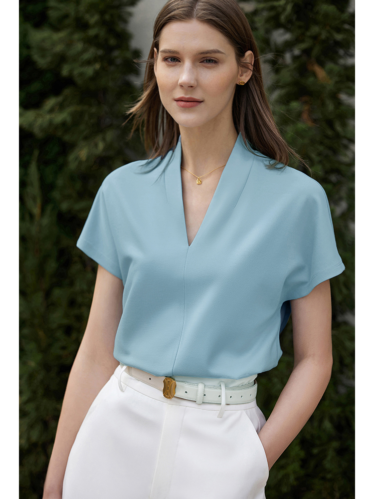 AMII Minimalisme 2023 Zomer dames T-shirt Klassieke Stijl Casual V-hals Korte Mouw Effen Stretch Vrouwelijke Tops & Tees 12312013