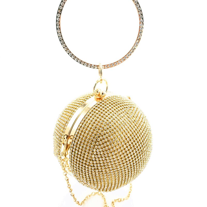 Women Evening Mini Clutch Bags Full Crystal Diamonds Round Shaped Clutches Lady Handbag Wedding Purse Chain Shoulder Make Up Bag