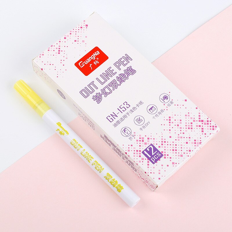 12 Magic Double Lines Art Markers Pen Out Line Pen Fine Liner Marker Fineliner Calligraphy Lettering Pen Color Scrapbooking Pens: yellow 12pcs