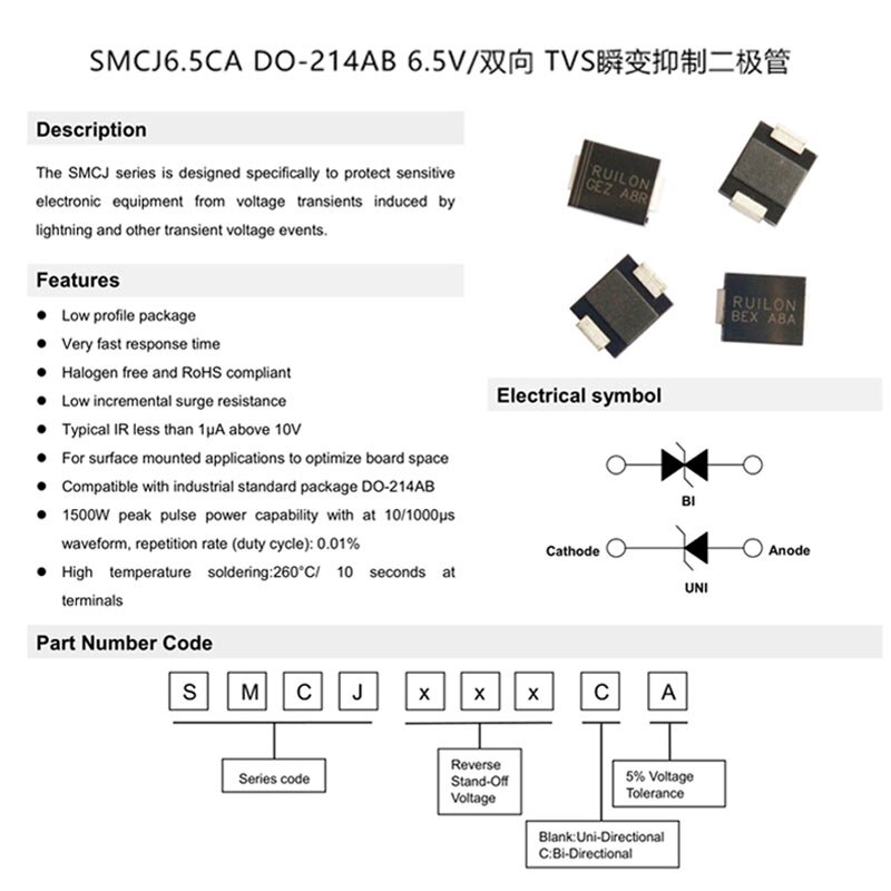 50Pcs Smd Tvs Diodes SMCJ120A SMCJ130A SMCJ140CA SMCJ150CA SMCJ160CA SMCJ170CA SMCJ180CA SMCJ188A Smcj 1500W 5V-440V Smc