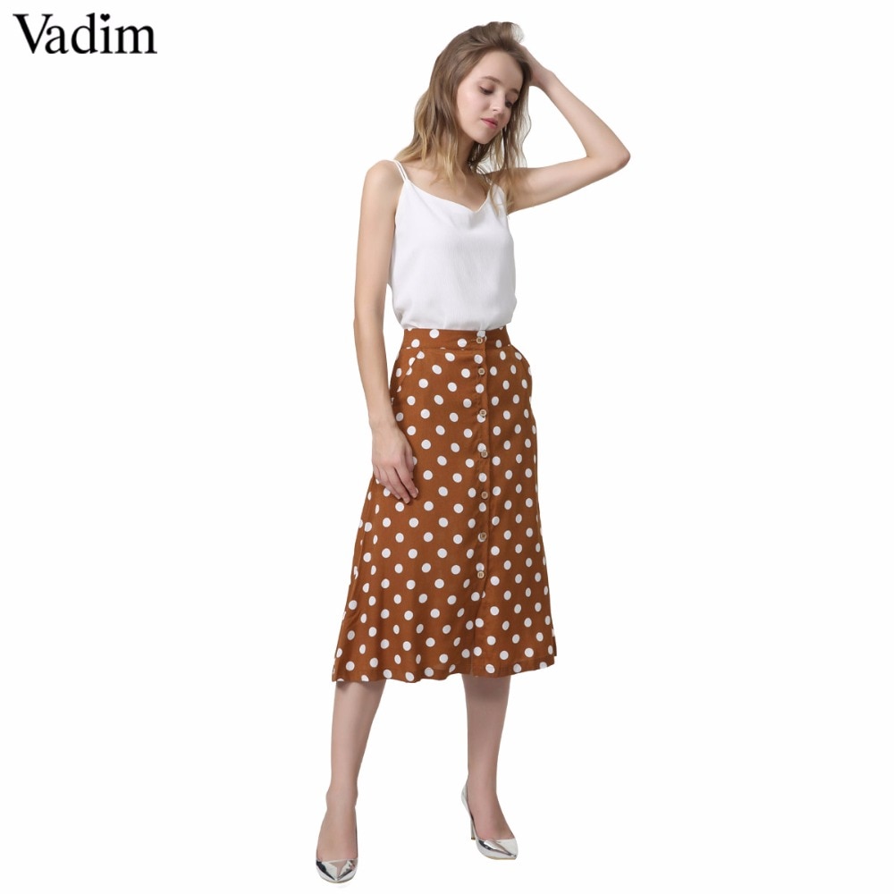 Vadim mujeres vintage dot print midi falda de botones bolsillos una línea Damas casual verano faldas de media pierna falda mujer BA022