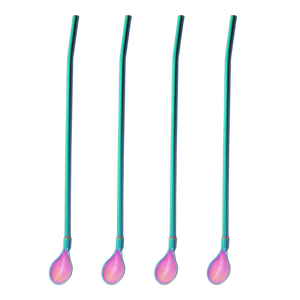 4 unids/set reutilizable paja larga cuchara Multicolor 18/10 pajas de acero inoxidable cuchara para té Bar de café agitación cuchara de beber: Rainbow