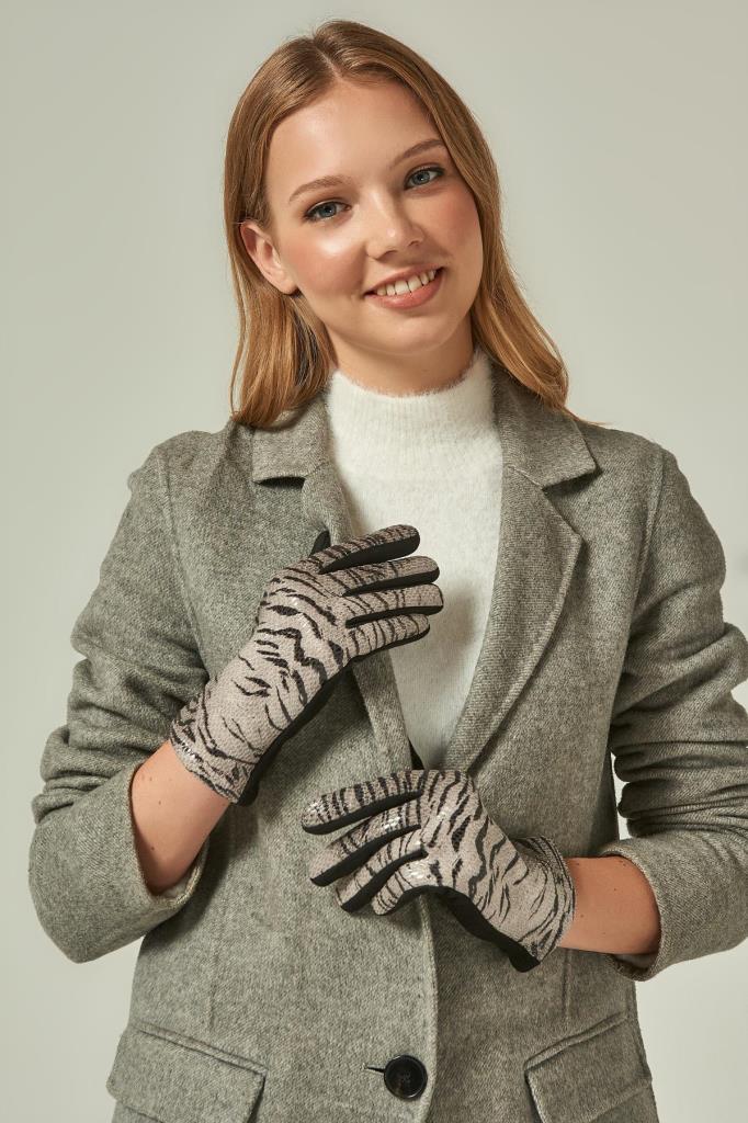 12937 Zebra Pattern Touch Gray Suede Gloves