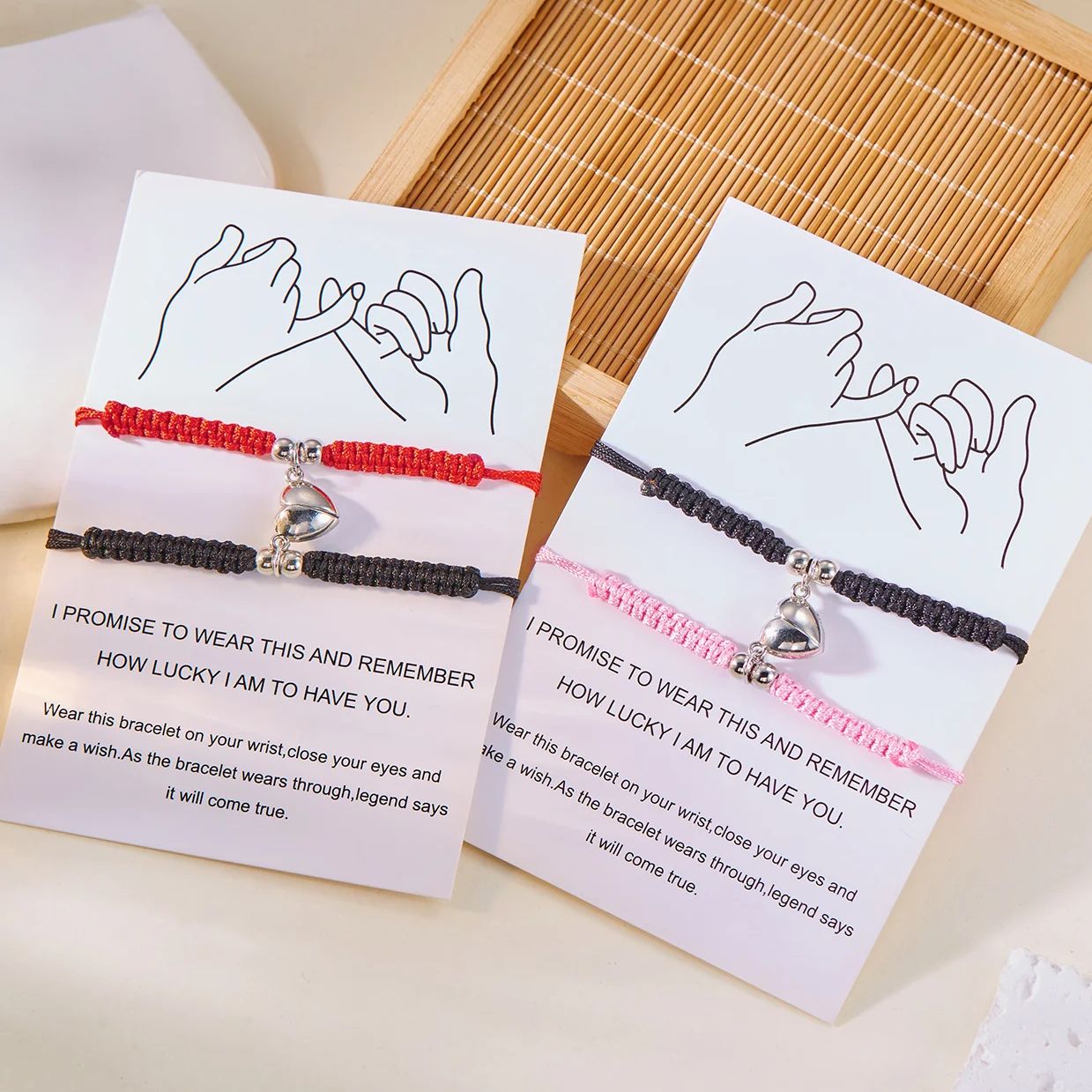 2 uds pulsera trenzada de cuerda roja Simple de la suerte para mujeres y hombres corazón romántico pareja magnética pulseras a juego joyería de amistad