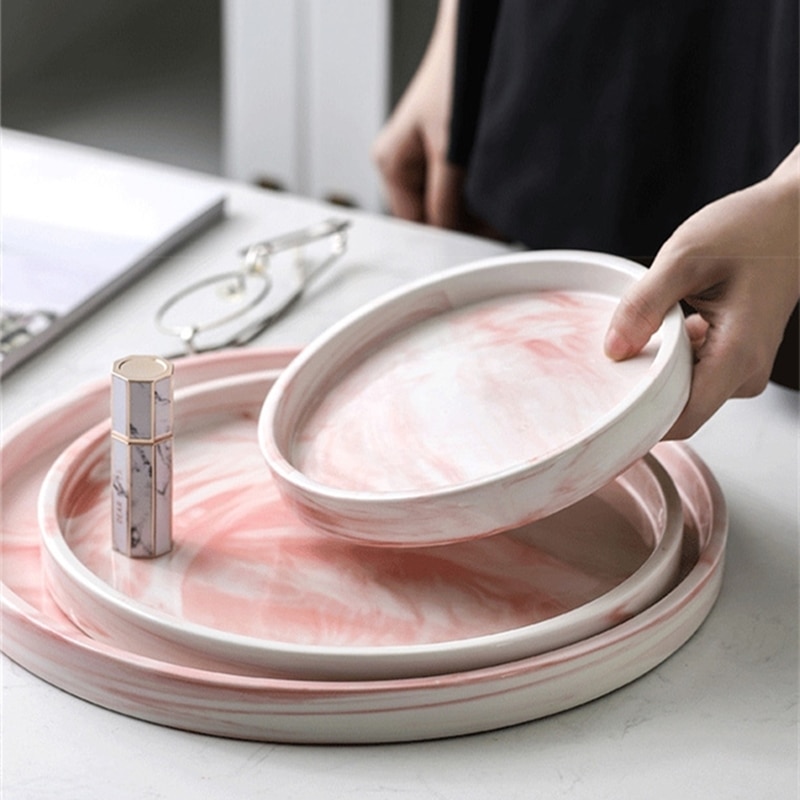 Luksus marmorplade lyserød blæk keramisk hjem dekorativ porcelæn leverer opbevaringsbakke dessert kagepande