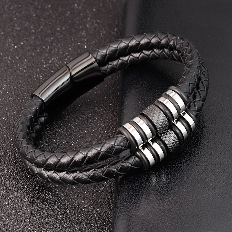 Stainless Steel Accessories Multi-layer Hip Hop Rock Style Black Color Men's Leather Bracelet Year