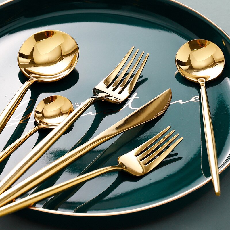Golden Western Cutlery Mirror 304 Stainless Steel Dinner Steak Knife Fork Spoon Set Fruit Dessert Fork Coffee Spoon Chopsticks