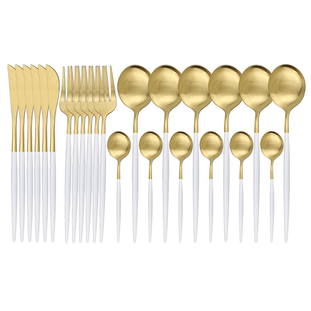 Couverts en acier inoxydable 304, 24 pièces, blanc et or mat, service de table, vaisselle, vaisselle, coutellerie, couteau, fourchette, cuillère, argenterie: 24Pcs White Gold