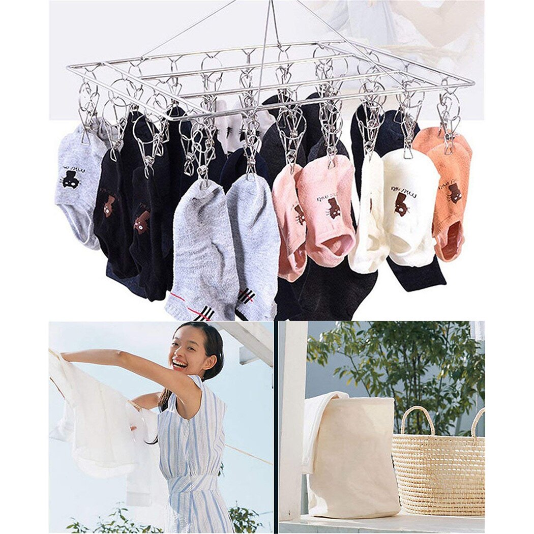 Clothes Drying Rack Foldable Stainless Steel Folding Clothing Laundry Rack Hanger With 30 Clips Closet Organizer JZ003