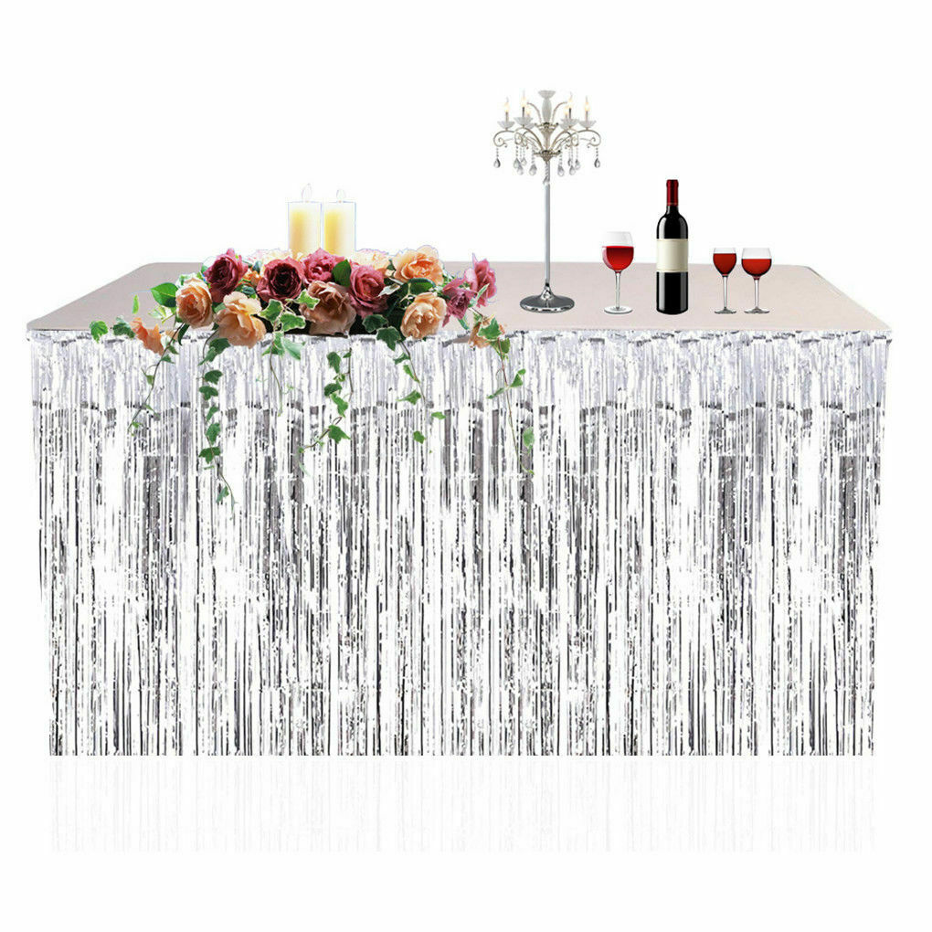 Fringe Tassel Table Skirt Foil for Beach Party Wedding MetallicTinsel Decoration: Silver