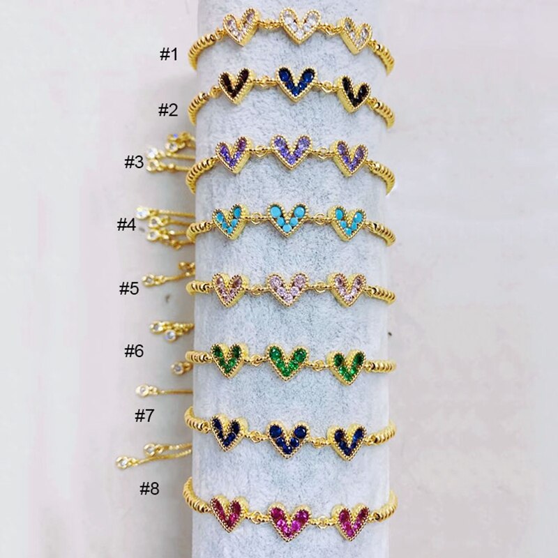 8Pcs Mother&#39;s Day Dainty Mini gold plated colorful crystal cz love heart charm bracelets for Mommy Birthday