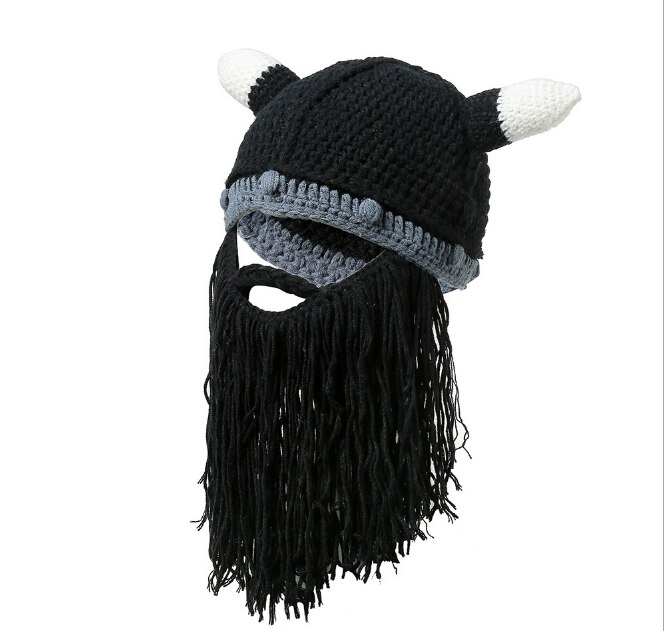 Men's Barbarian Vagabond Viking Beard Beanie Horn Hats Handmade Winter Warm Birthday Cool Funny Gag Halloween CaP