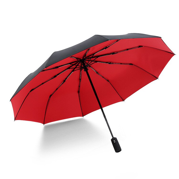 Two-layer Rain Umbrellas Men Women Automatic 3 Fold Windproof 10 Ribs Large Parasol Female Sunny Rainy Solid Color Umbrella: Red