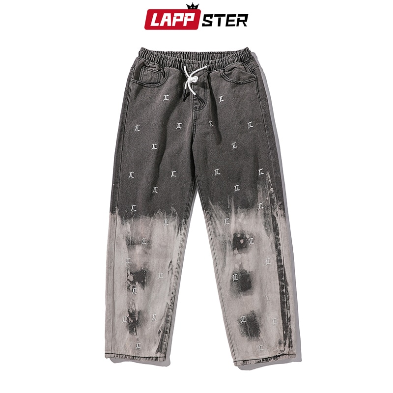 LAPPSTER Men Korean Gradient Black Jeans Mens Embroidery Streetwear Baggy Denim Pants Male Hip Hop Wide Leg Harem Pants INS: XXL