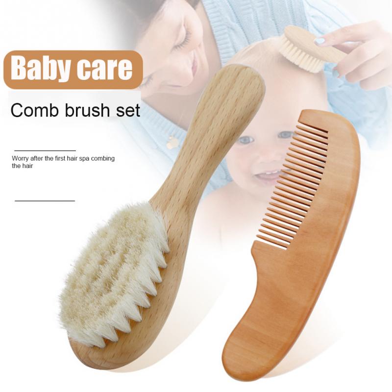 Baby Brush Set Newborn Easy Clean Home Wood Handle Cutie Comb Faux Wool Bathroom