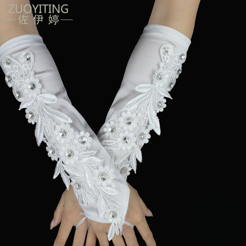 ZUOYITING White Lace Princess Bridal Gloves Female Long beaded Wedding Dresses Gloves Wedding Accesories